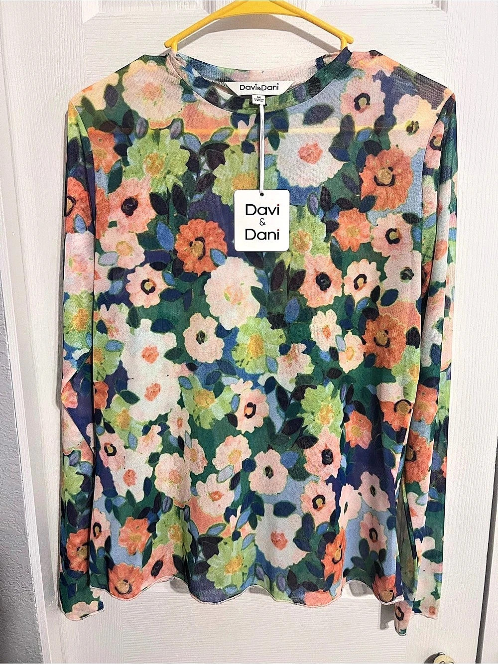 Davi & Dani Floral Mesh Long Sleeve Sheer Layering Top Sheer Layering Top